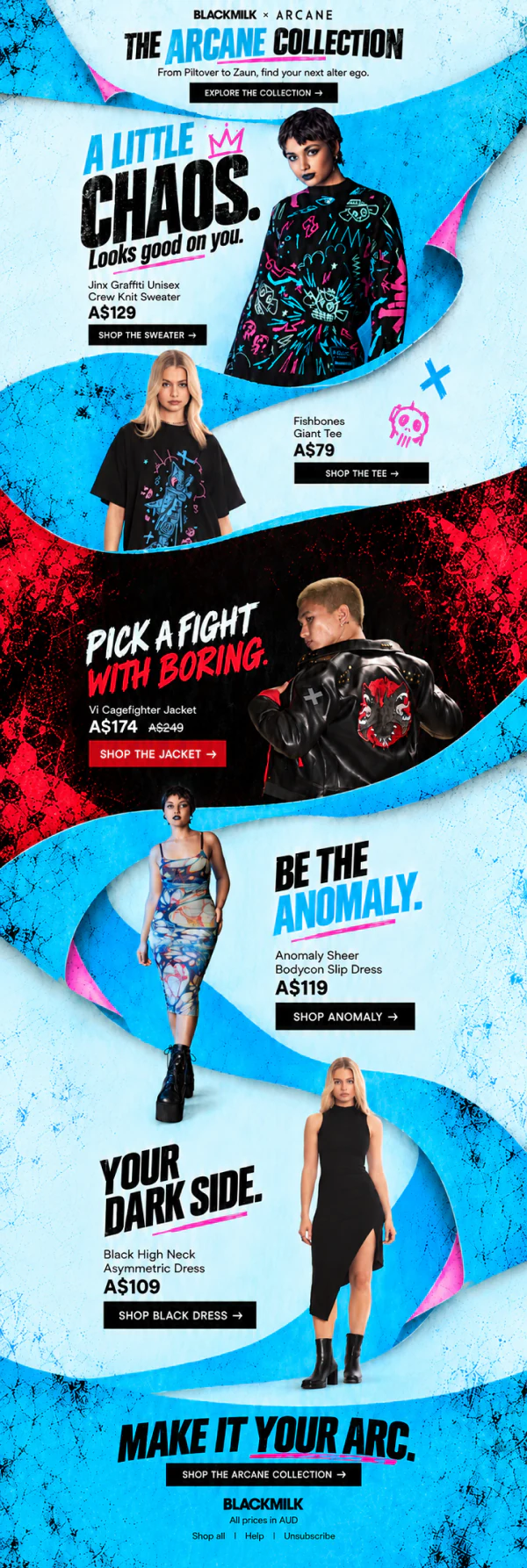 BlackMilk Arcane collection launch email with blue and red campaign artwork