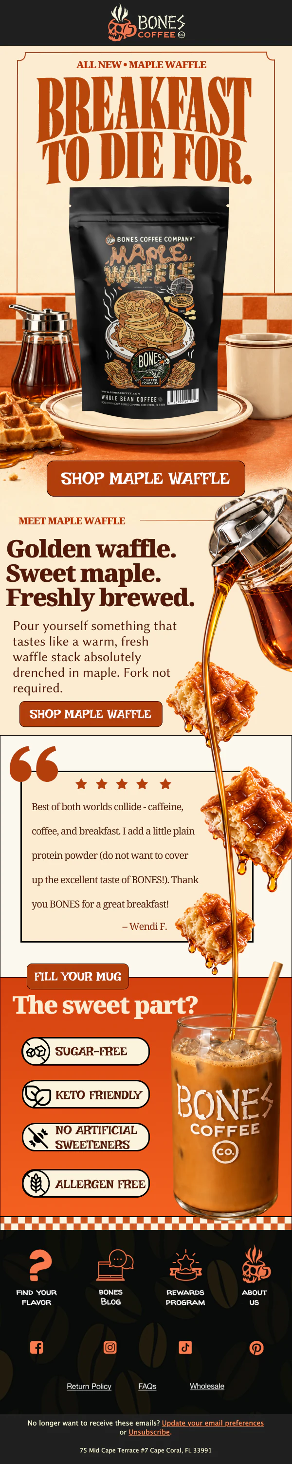 Bones Coffee Maple Waffle product launch email