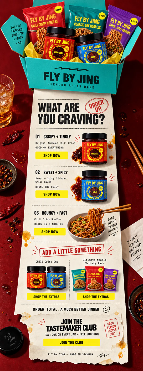Fly By Jing email showcasing chilli crisp and noodle products