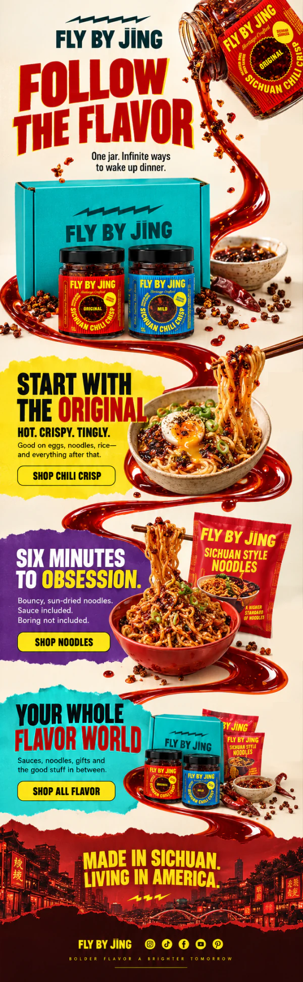 Fly By Jing campaign email with chilli crisp flowing between products