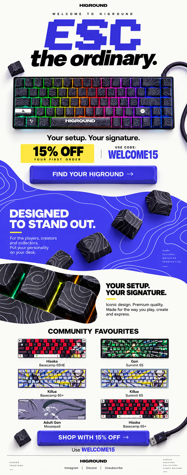Higround welcome email featuring a colourful mechanical keyboard and welcome offer