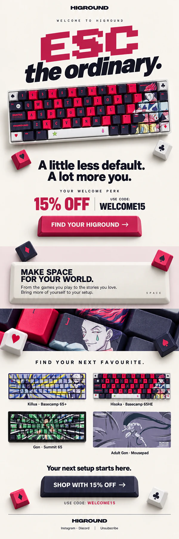 Higround welcome email featuring a red Hunter x Hunter mechanical keyboard