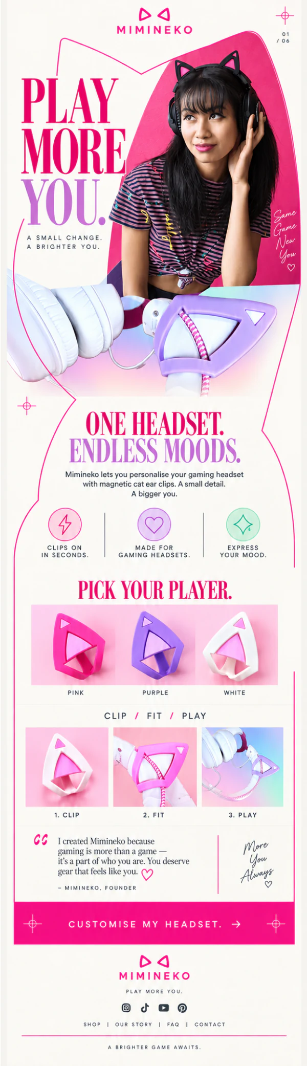Mimineko welcome email featuring clip-on cat ears for gaming headsets