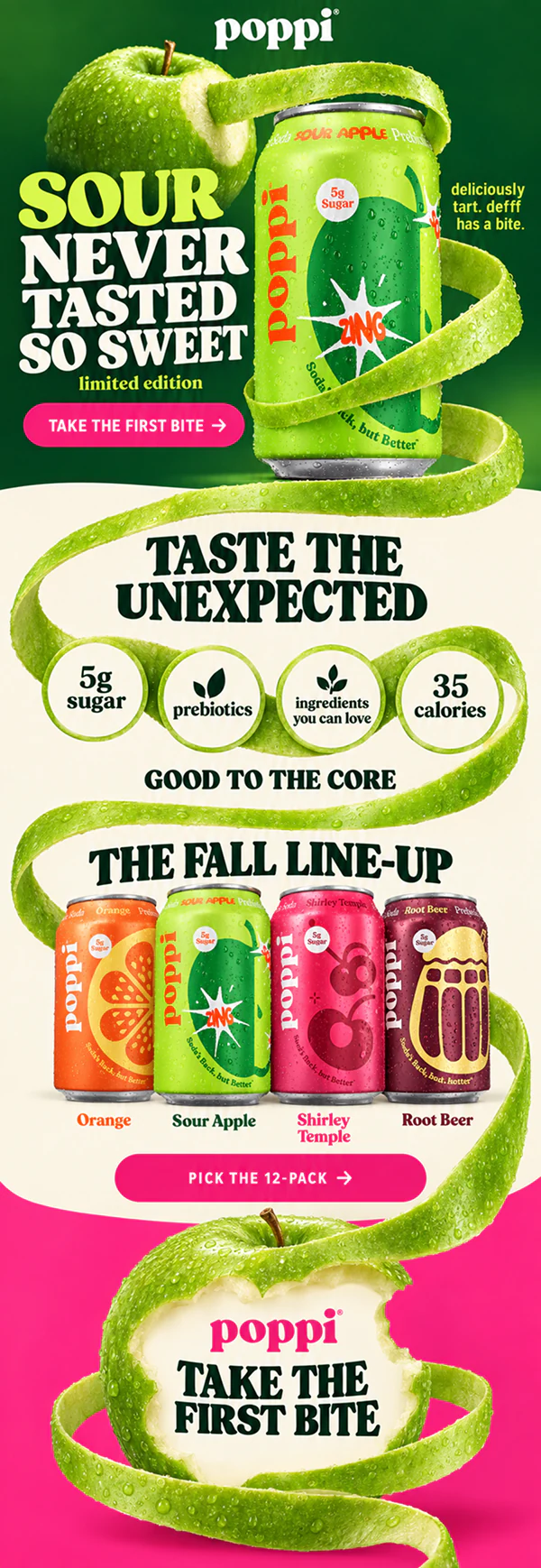 Poppi limited-edition Sour Apple launch email on a vivid green and pink background