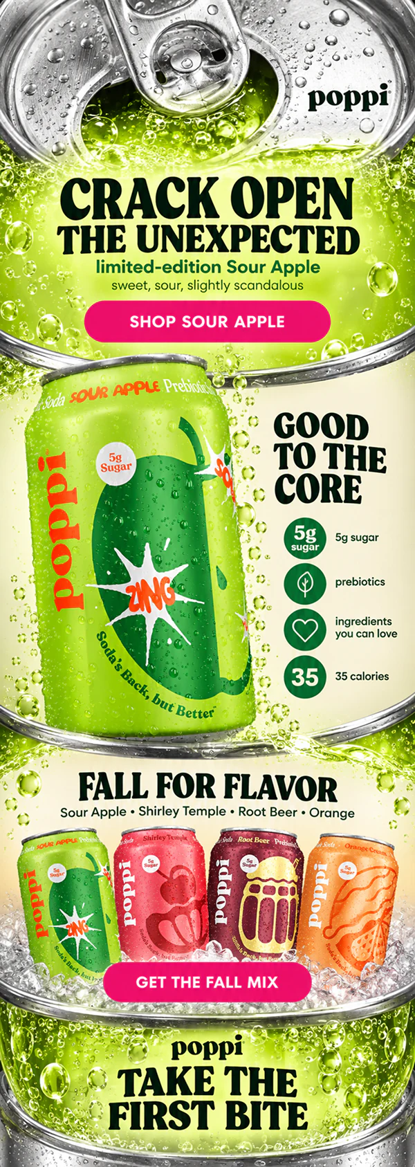 Poppi Sour Apple email styled around an open soda can