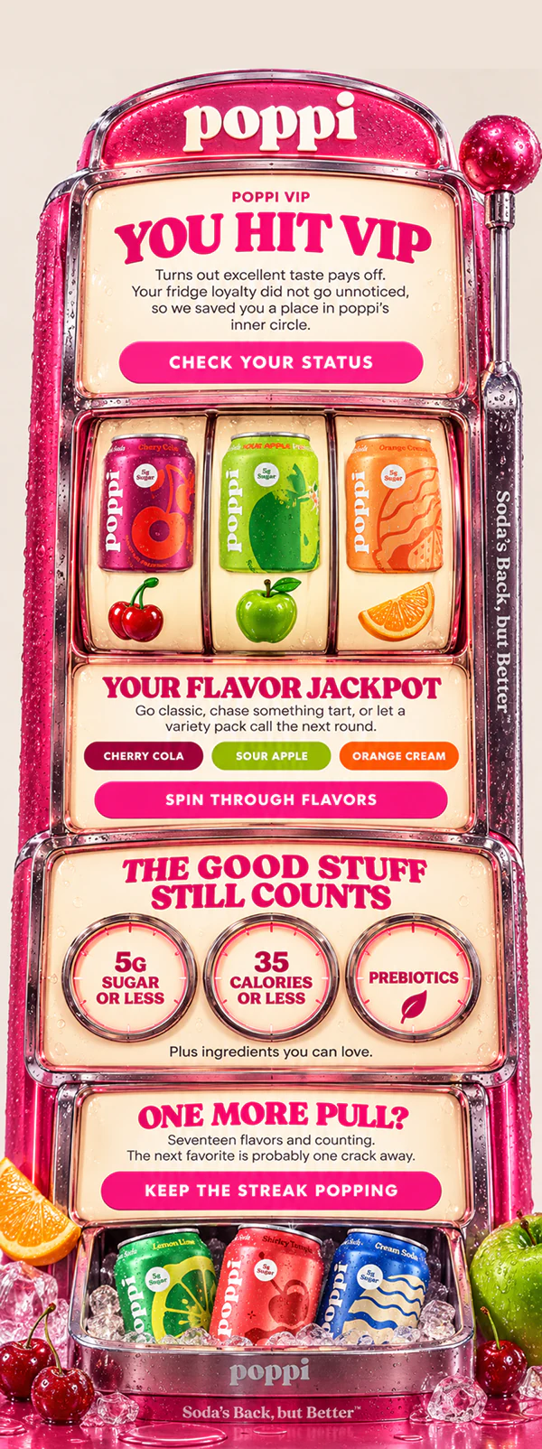 Poppi VIP email designed as a bright pink slot machine
