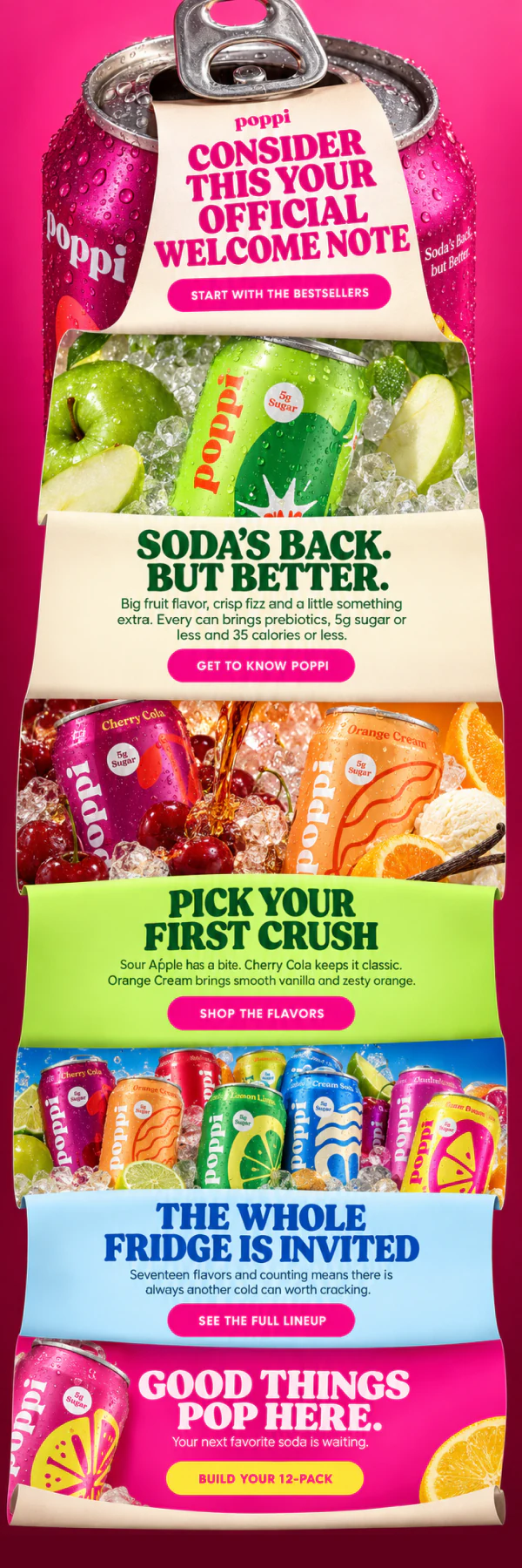 Poppi welcome email designed as a note unrolling from a soda can