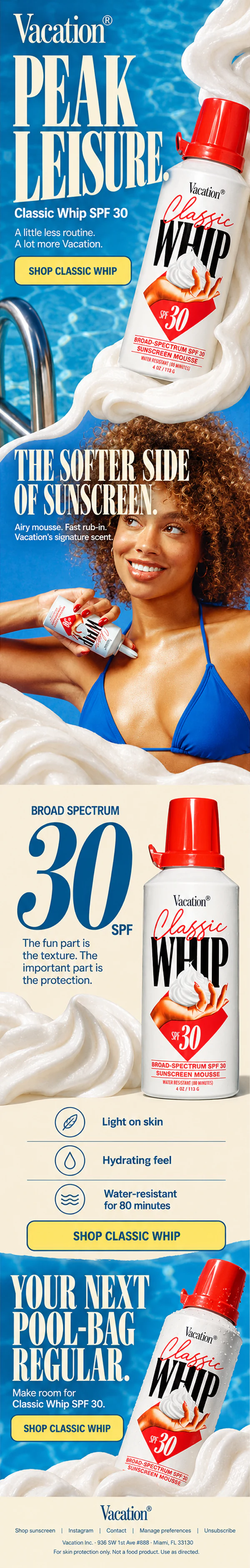 Vacation Classic Whip sunscreen email with poolside blue and cream imagery